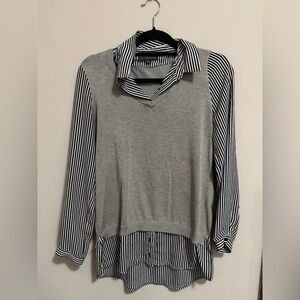 Adrianna Papell Gray Layered Sweater with Black & White Striped Shirt Detail